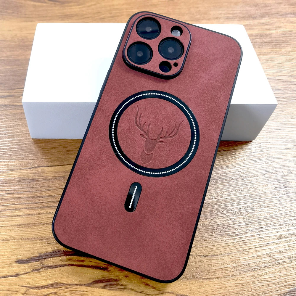 Leather Textured Soft Touch Phone Case For Apple iPhone Elk Deer Red